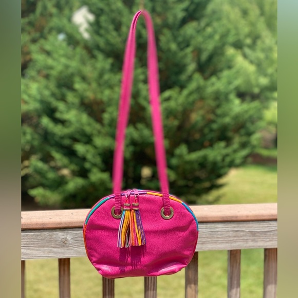 80s Pink Leather Shoulder Bag Handbag Retro with tassels on zipper - Picture 10 of 14